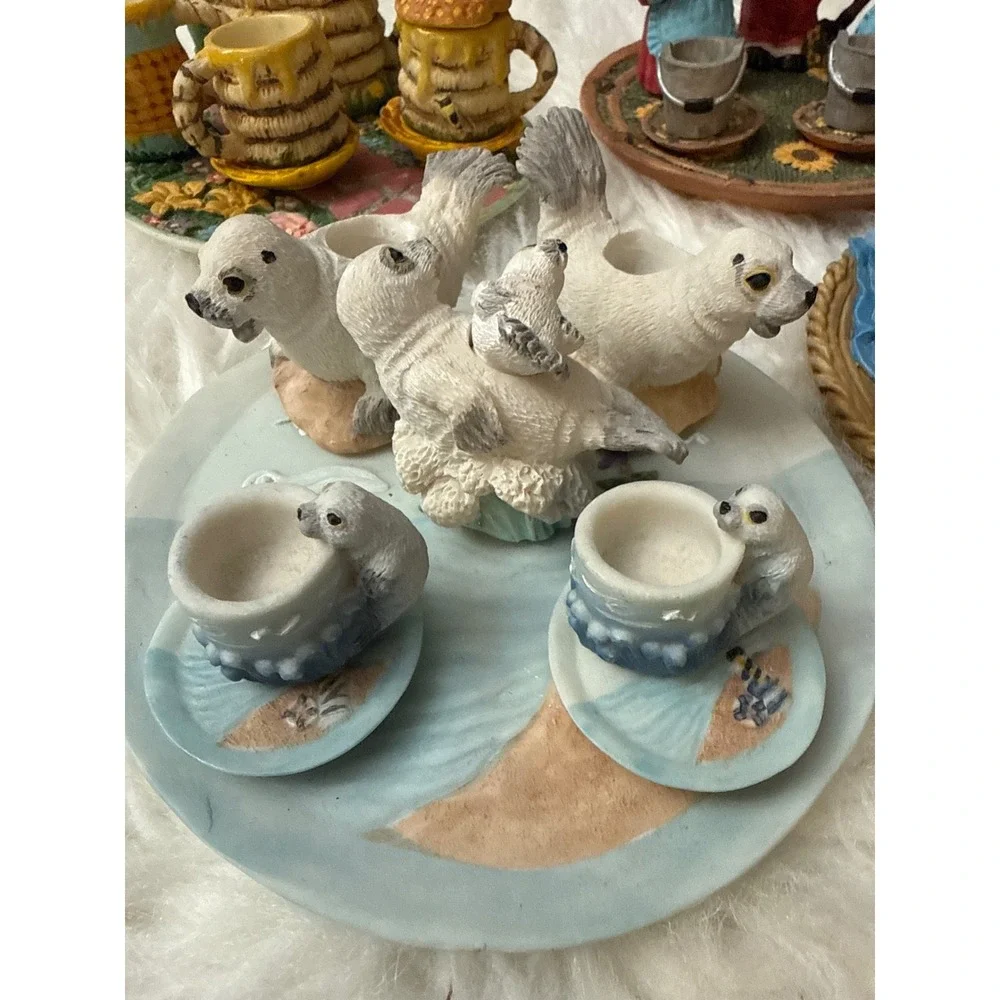 Vintage Whimsical Miniature Resin Tea Set Lot 6 Themes Bee Floral Dog Seal Cow
